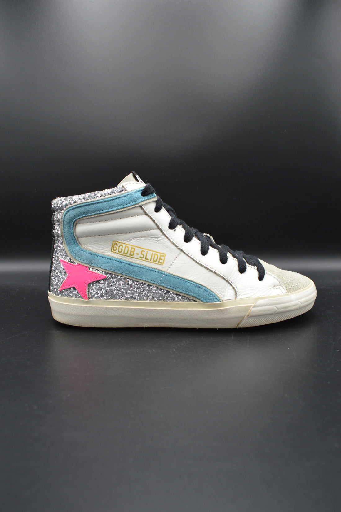 Golden Goose slide paillettes argentées/rose/blanc/bleu - T36