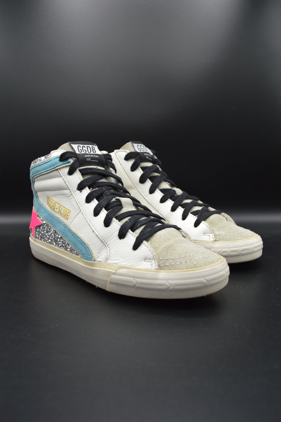 Golden Goose slide paillettes argentées/rose/blanc/bleu - T36