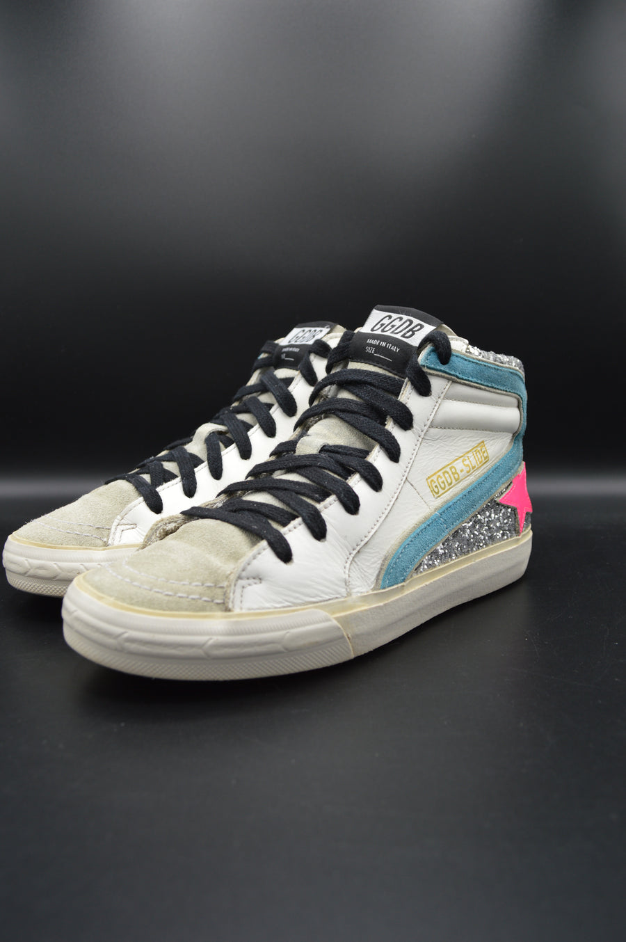 Golden Goose slide paillettes argentées/rose/blanc/bleu - T36