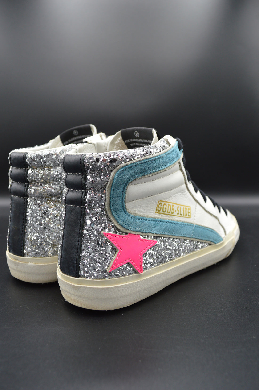 Golden Goose slide paillettes argentées/rose/blanc/bleu - T36