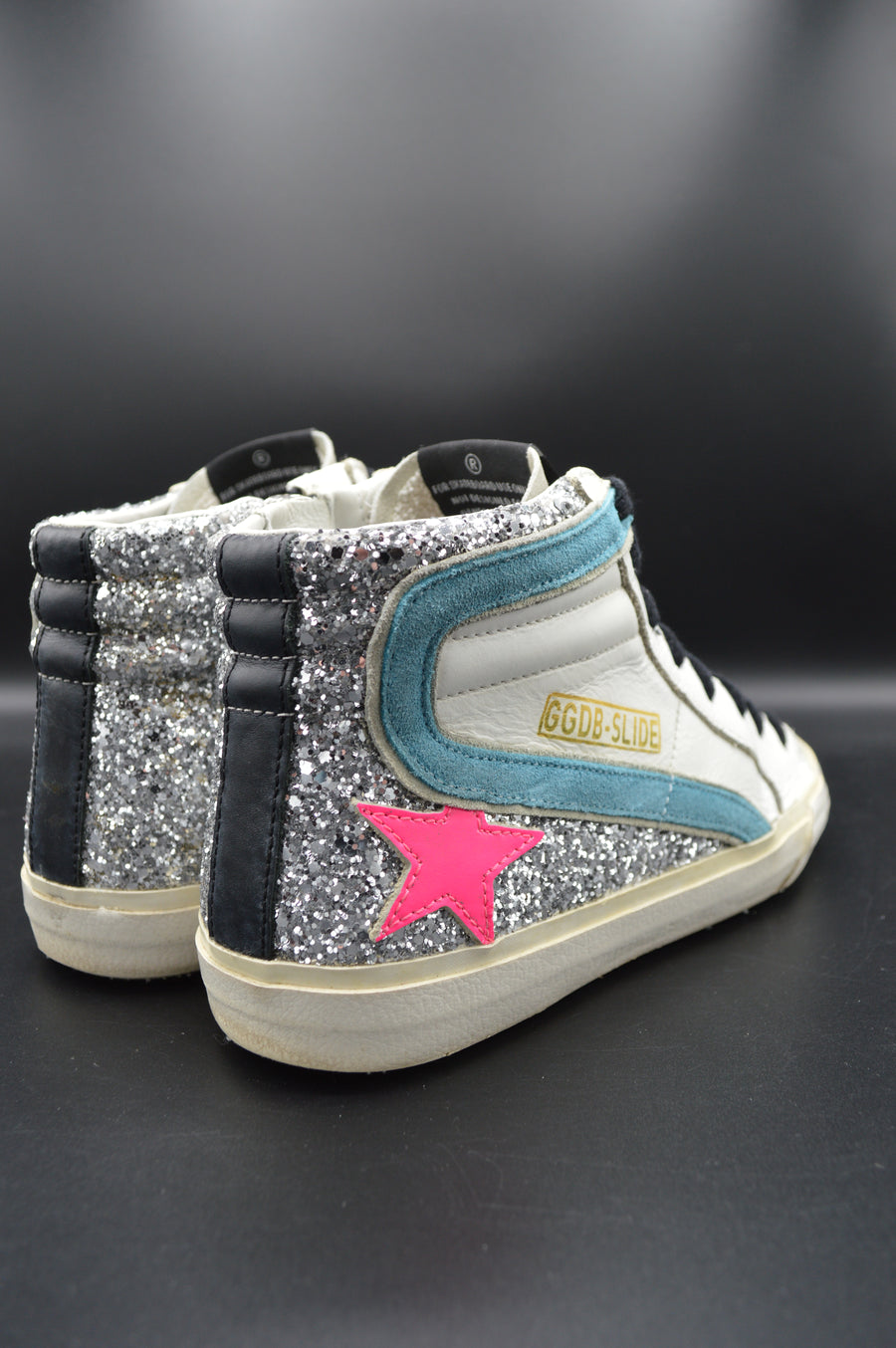 Golden Goose slide paillettes argentées/rose/blanc/bleu - T36