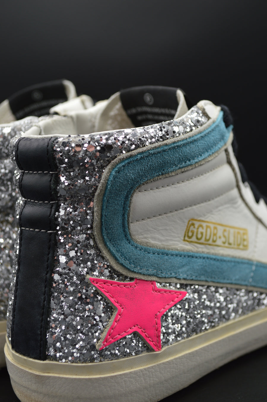 Golden Goose slide paillettes argentées/rose/blanc/bleu - T36